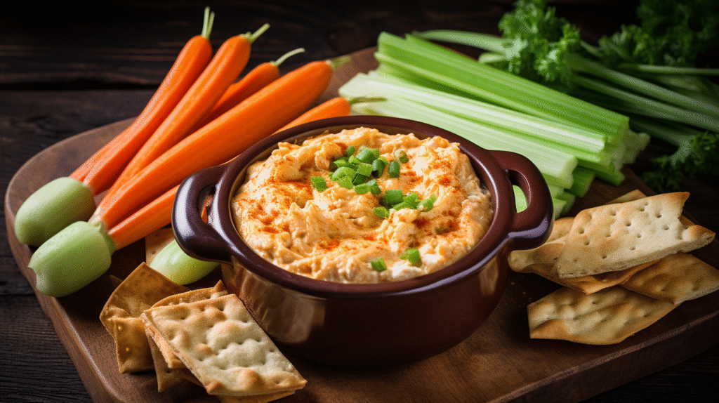 5 Best Ways to Make Buffalo Chicken Dip with Cottage Cheese 2 High protein buffalo chicken dip with cottage cheese served with dippers