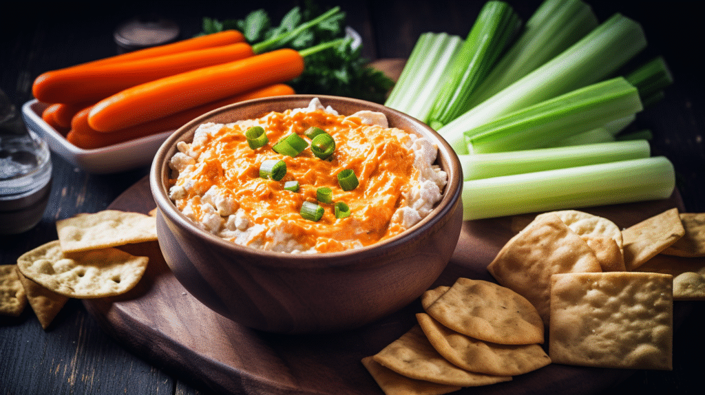 High protein buffalo chicken dip with cottage cheese served with dippers