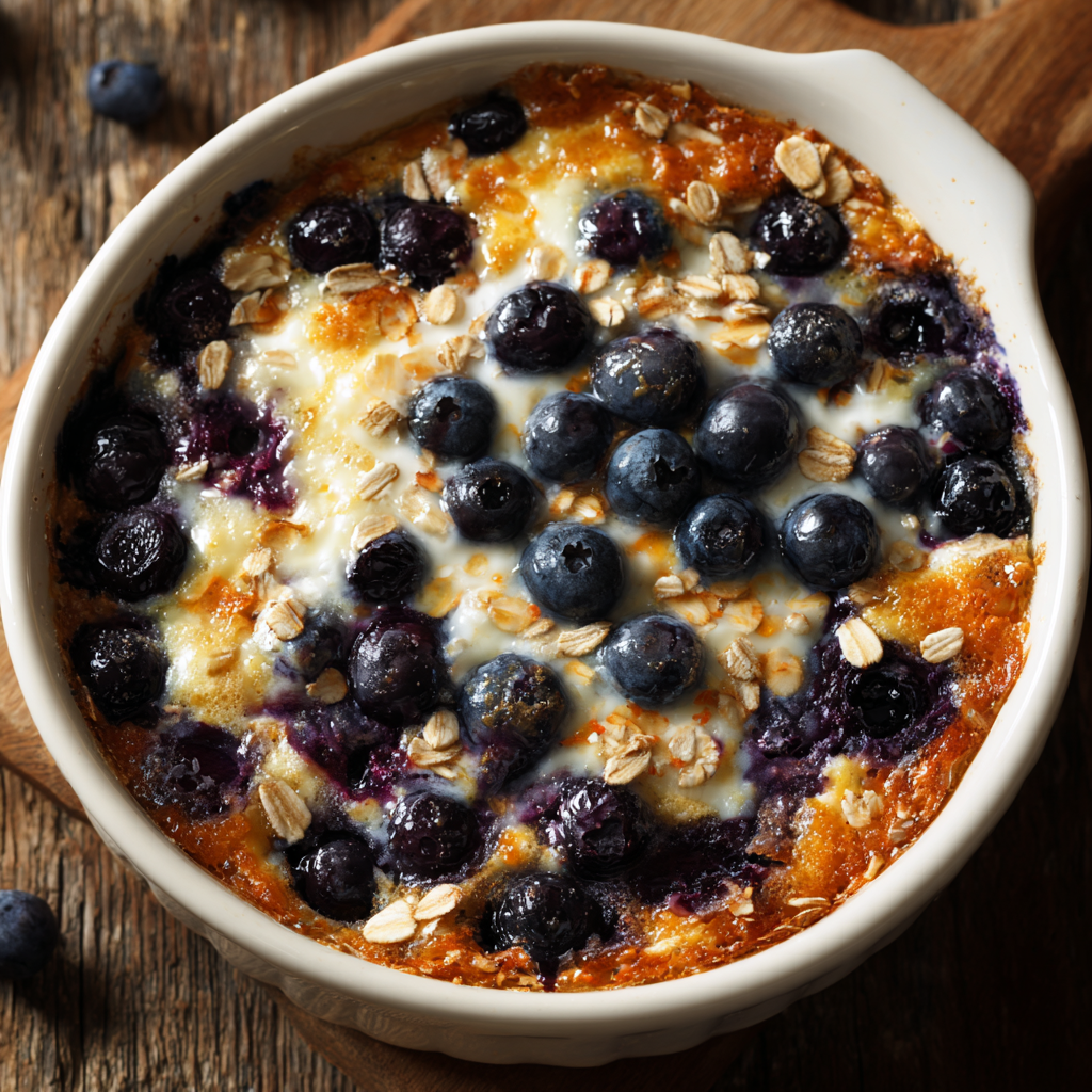 Home 5 Blueberry cottage cheese breakfast bake with oats in baking dish