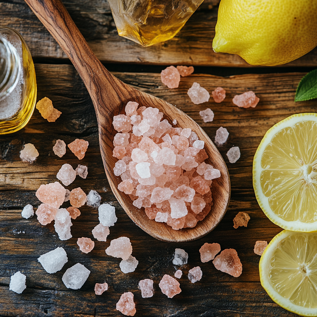Ingredients for Himalayan pink salt ice trick recipe on a rustic kitchen counter