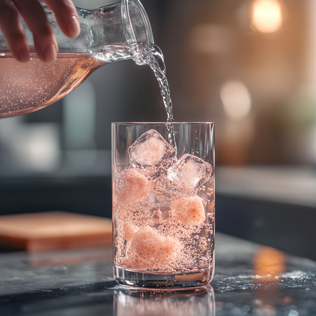 Preparing Himalayan pink salt ice trick recipe with chilled water and coarse salt