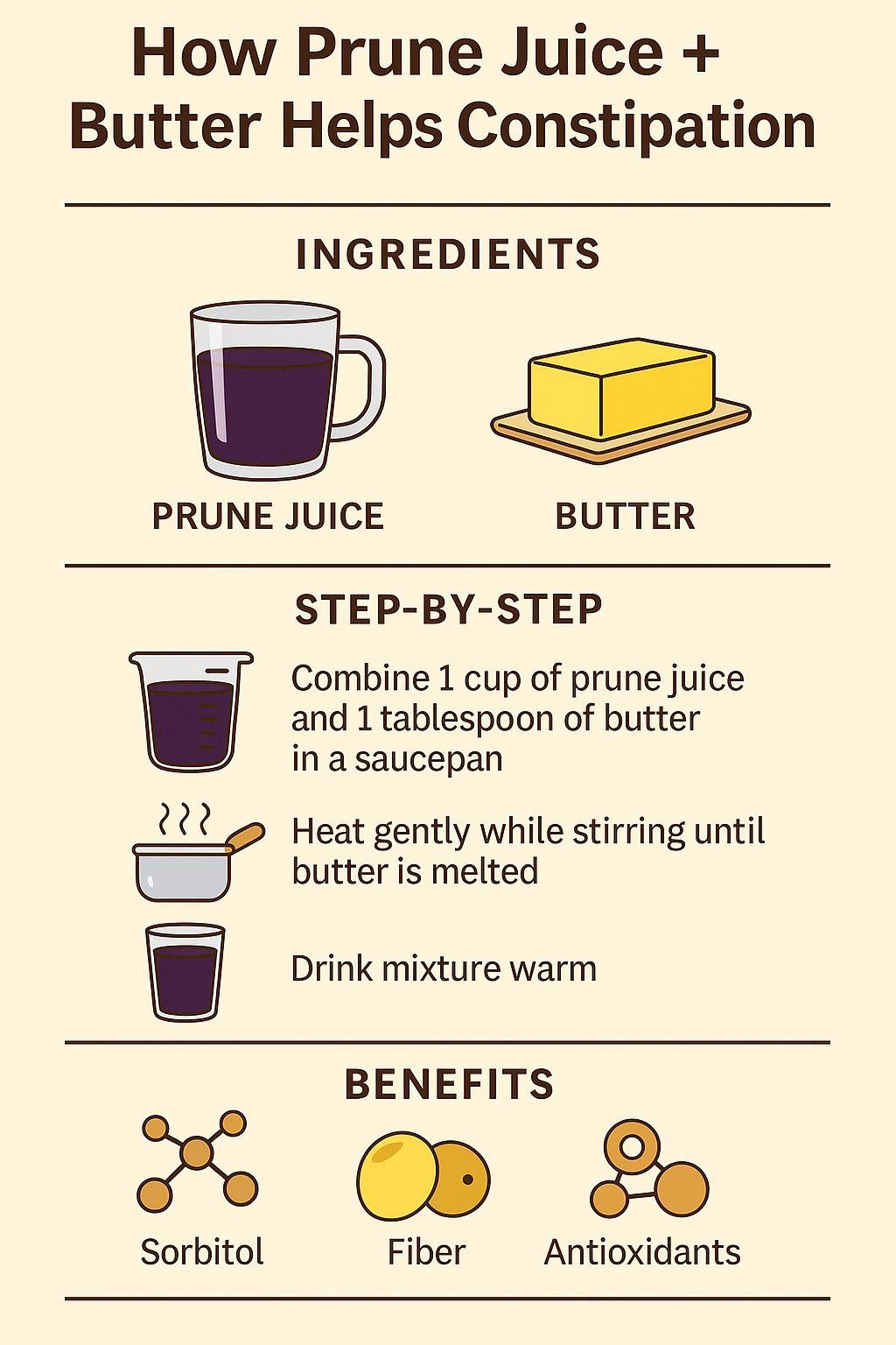 Prune Juice and Butter Recipe for Constipation: 2-Ingredient Remedy That Works Fast 12 Infographic showing how prune juice and butter recipe helps constipation with ingredients, step-by-step method, and benefits like sorbitol, fiber, and antioxidants.