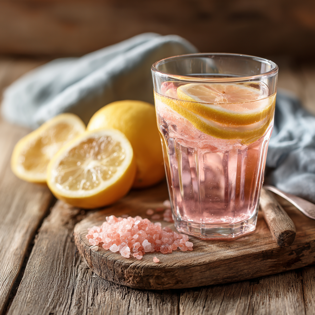 recipe for pink salt diet drink in rustic kitchen
