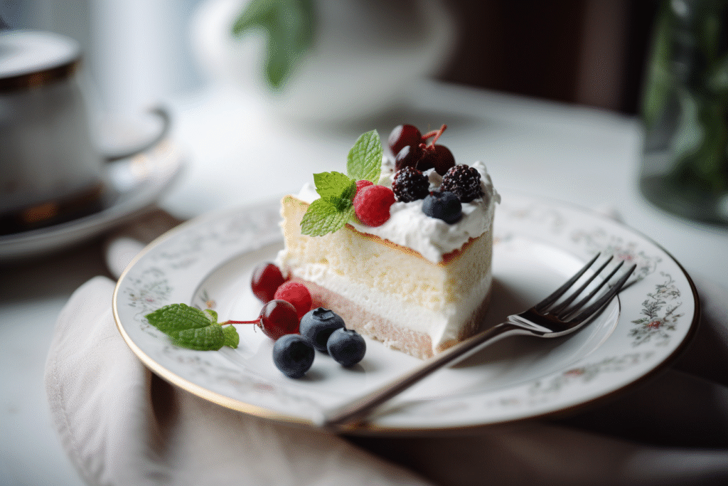 Rosemary's Bakery Whipped Cream Cake Recipe That Actually Holds Its Shape 11 slice of whipped cream cake served with berries