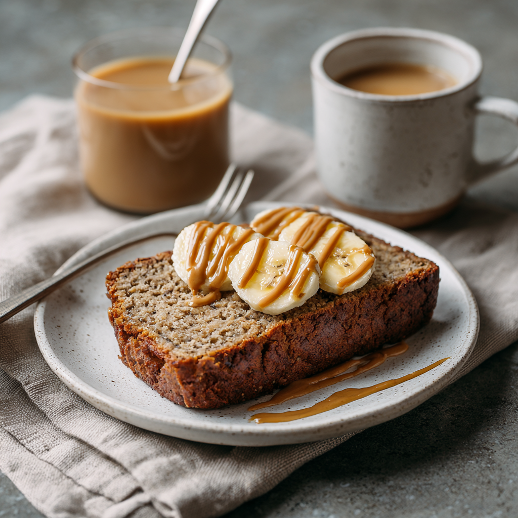 Served protein banana bread slice with peanut butter and banana