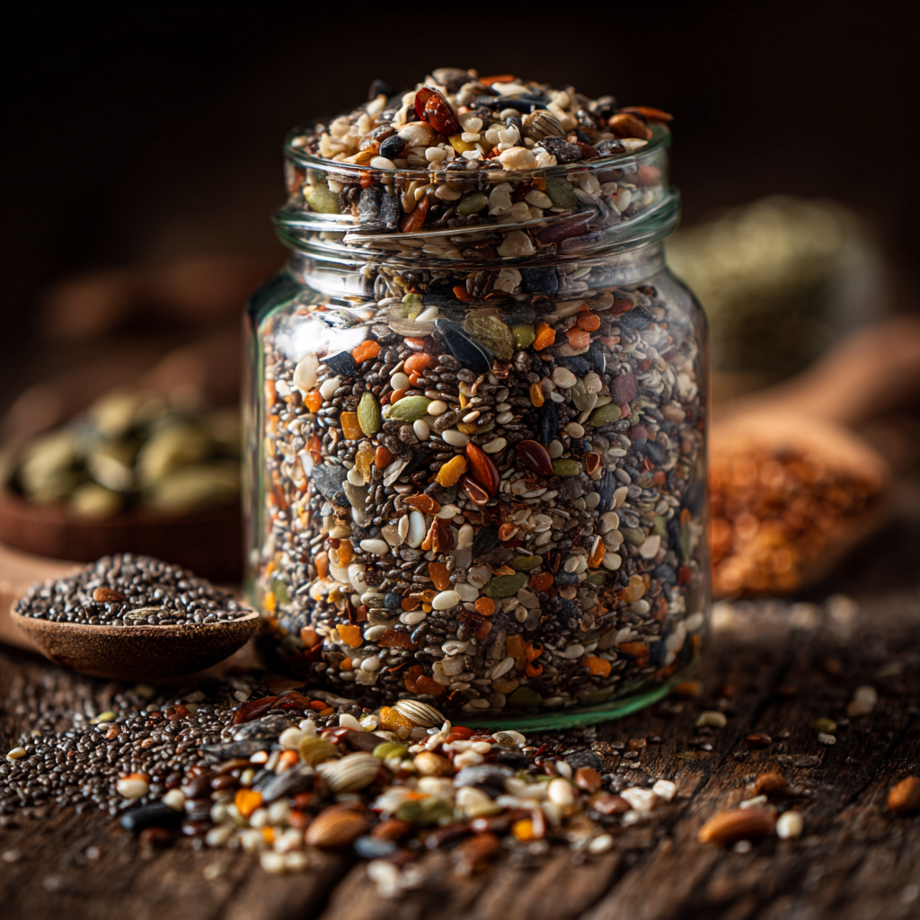 bariatric seed recipe mix in glass jar close-up