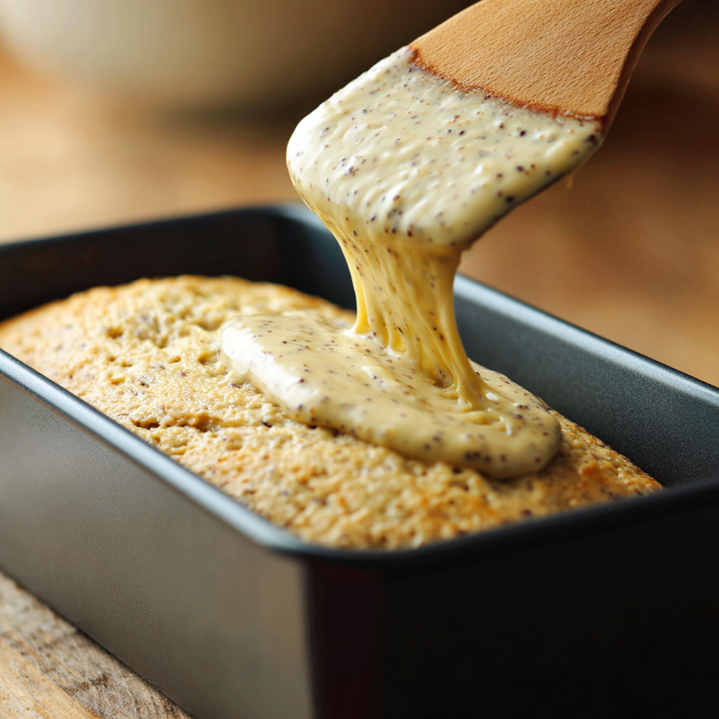 Pouring banana bread protein batter into a loaf pan