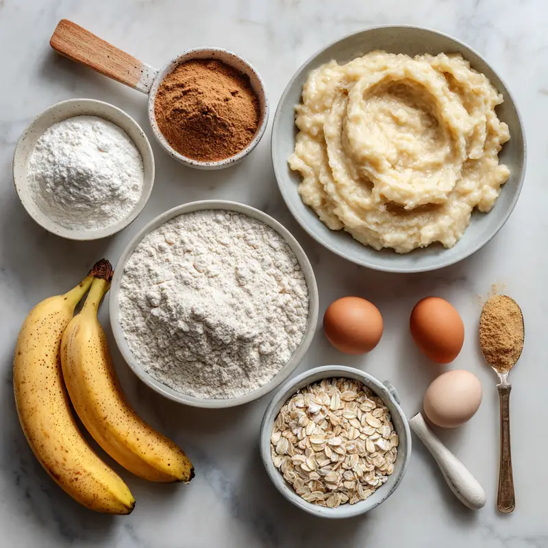 Protein banana bread recipe ingredients laid out on a kitchen counter