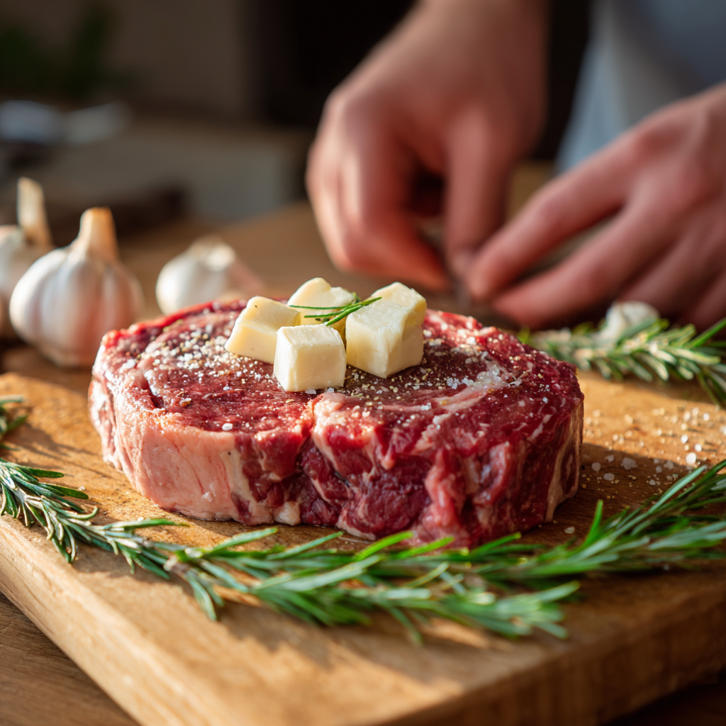 Sous Vide Ribeye Steak – Tender, Juicy & Perfect Every Time 15 ribeye steak seasoned with garlic, rosemary, and butter