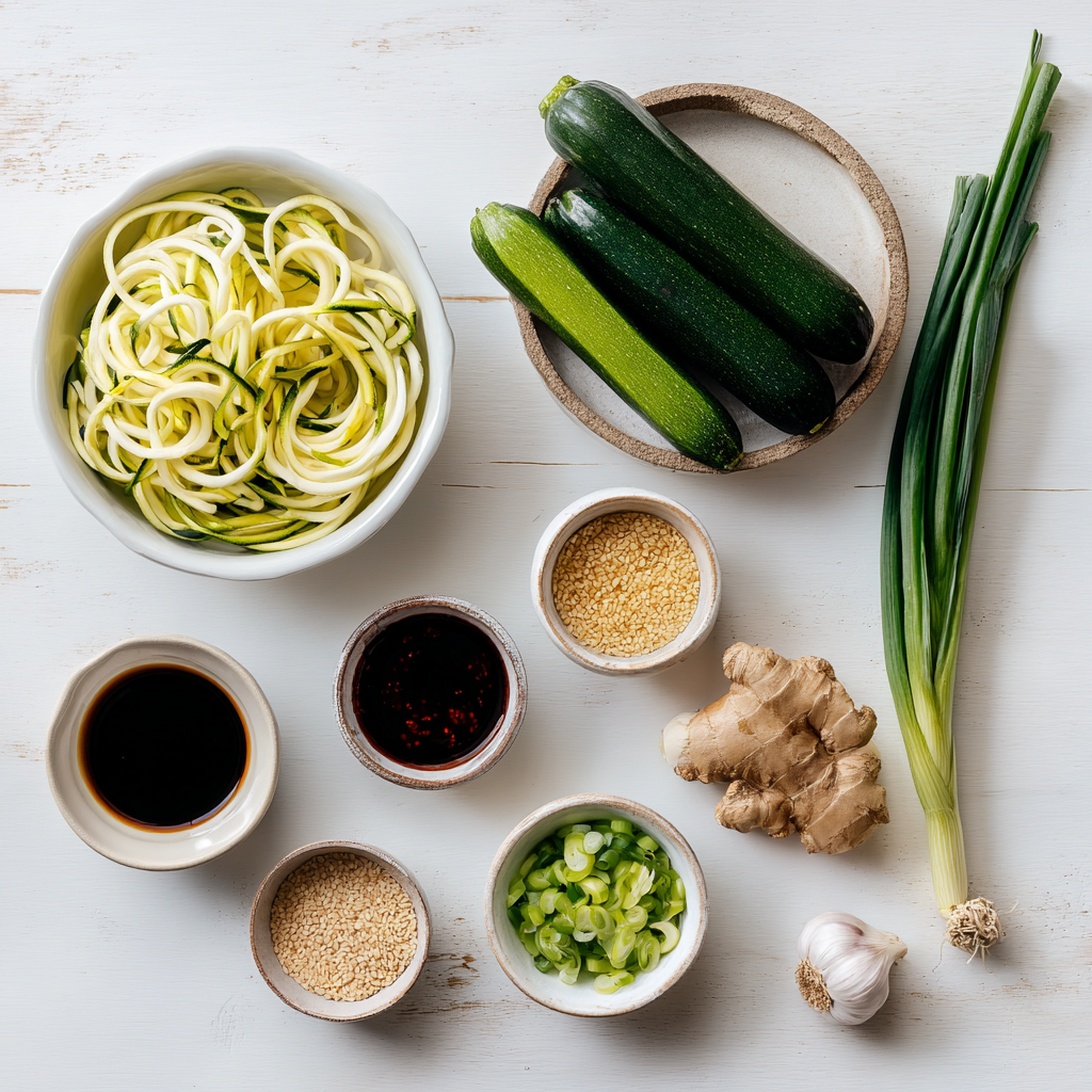 Asian Zucchini Noodles: A Flavorful Low-Carb Twist You’ll Crave 5 Ingredients for Asian zucchini noodles arranged on a white surface