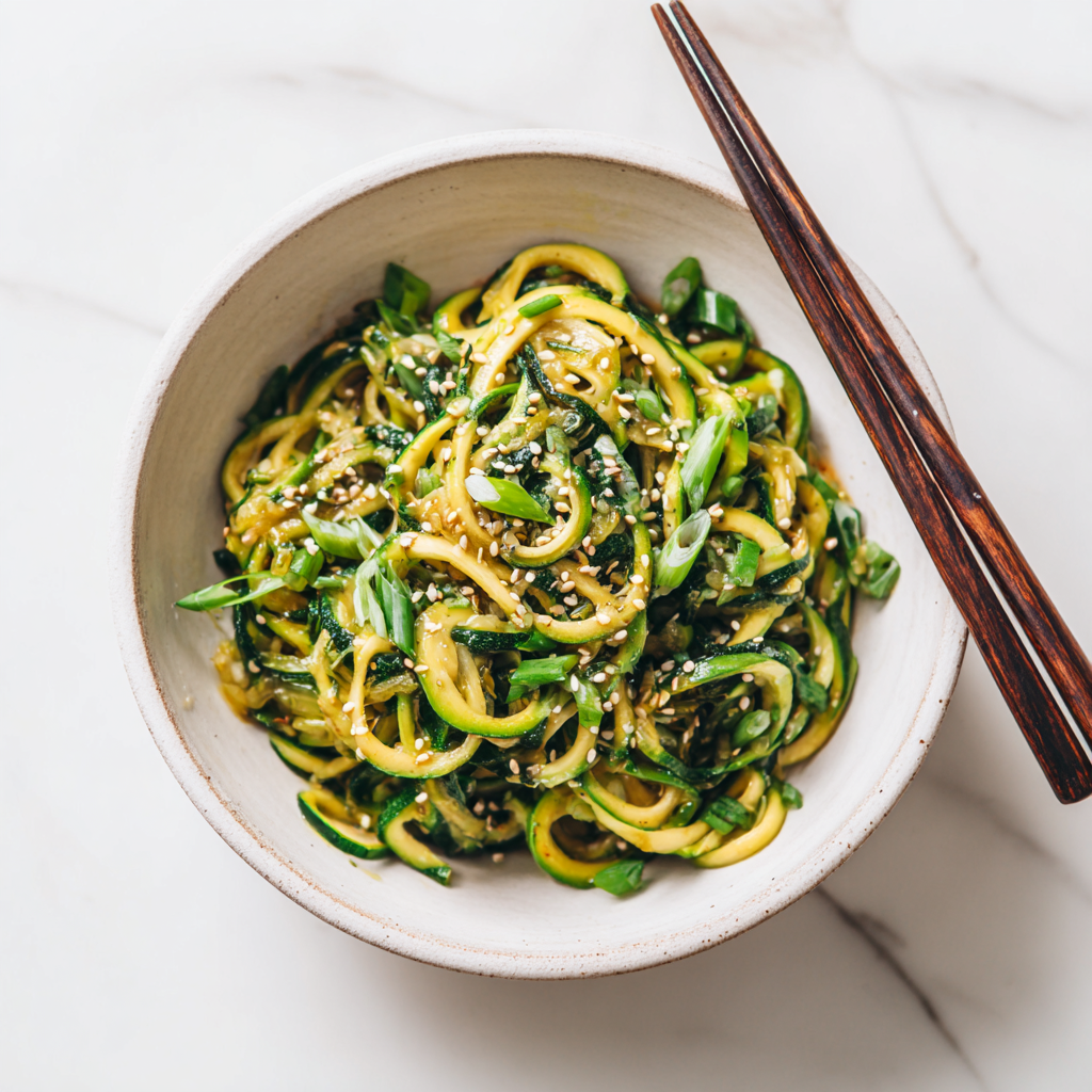 Asian zucchini noodles in a white bowl with sesame and scallions