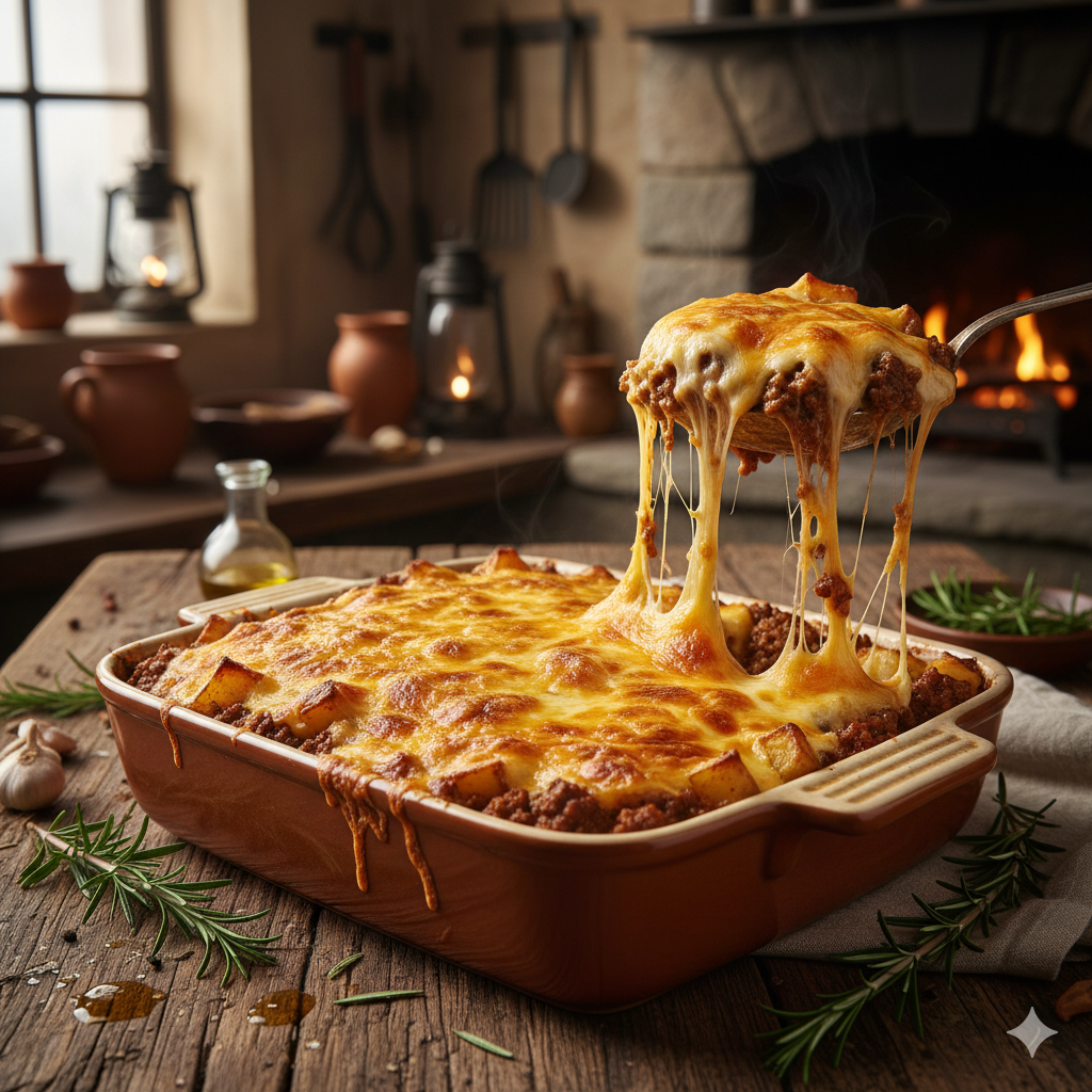 Cheesy Ground Beef and Potato Bake fresh from oven, golden cheese bubbling