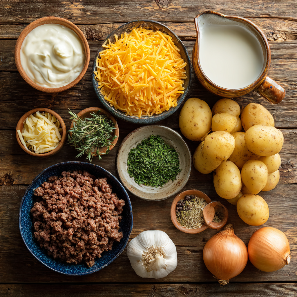 Cheesy Ground Beef and Potato Bake: A Hearty, Comforting Casserole 5 Ingredients for cheesy ground beef and potato bake arranged on table