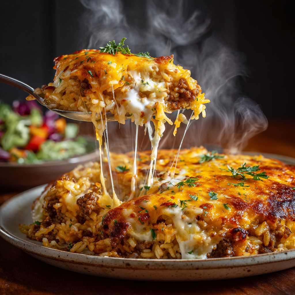 Cheesy Ground Beef Rice Casserole The Cozy Family Favorite 6 serving cheesy ground beef rice casserole with cheese pull