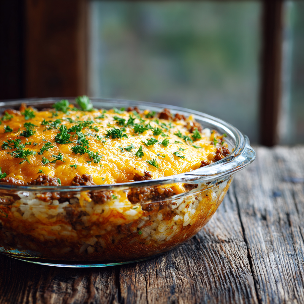 cheesy ground beef rice casserole in baking dish