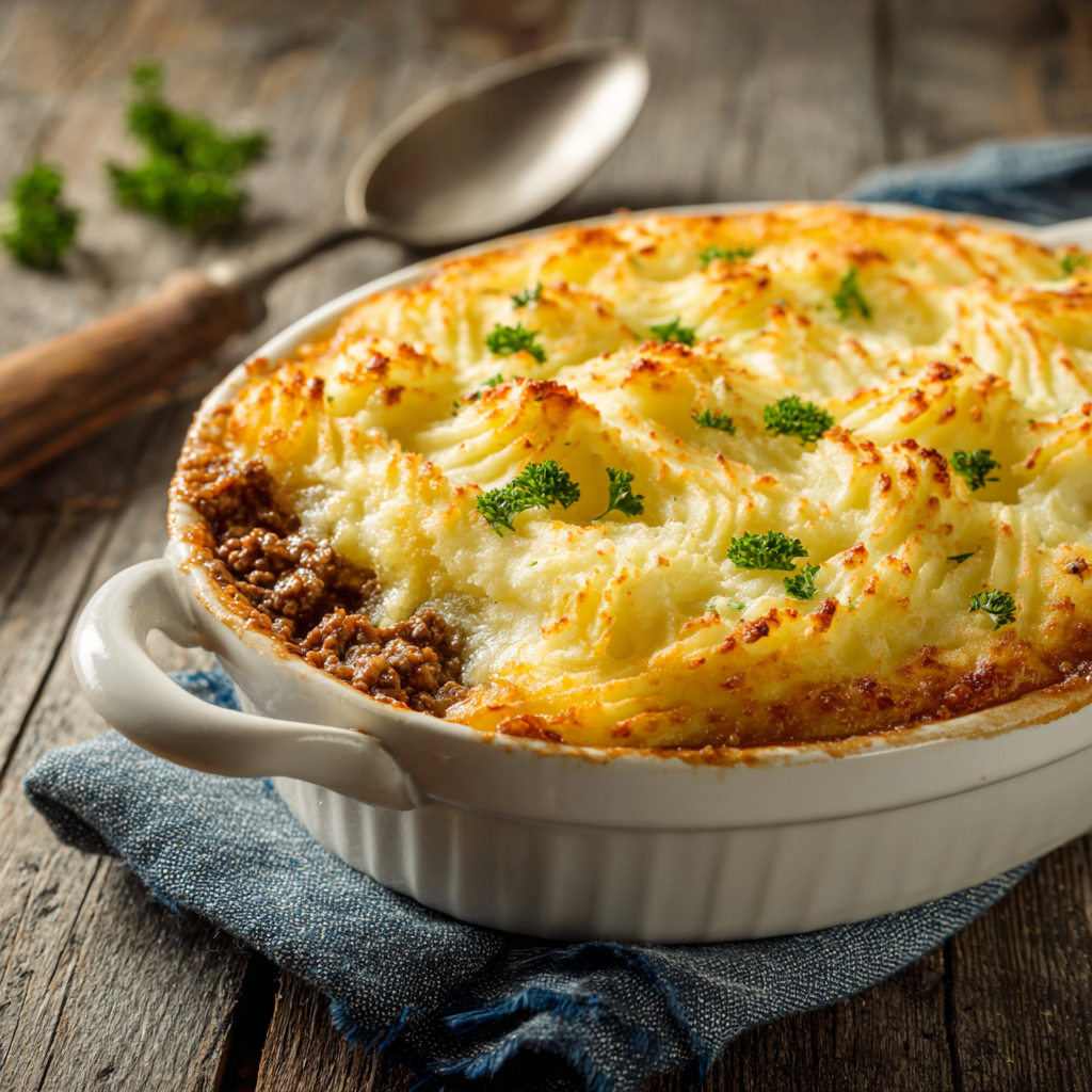 classic ground beef shepherd’s pie in baking dish