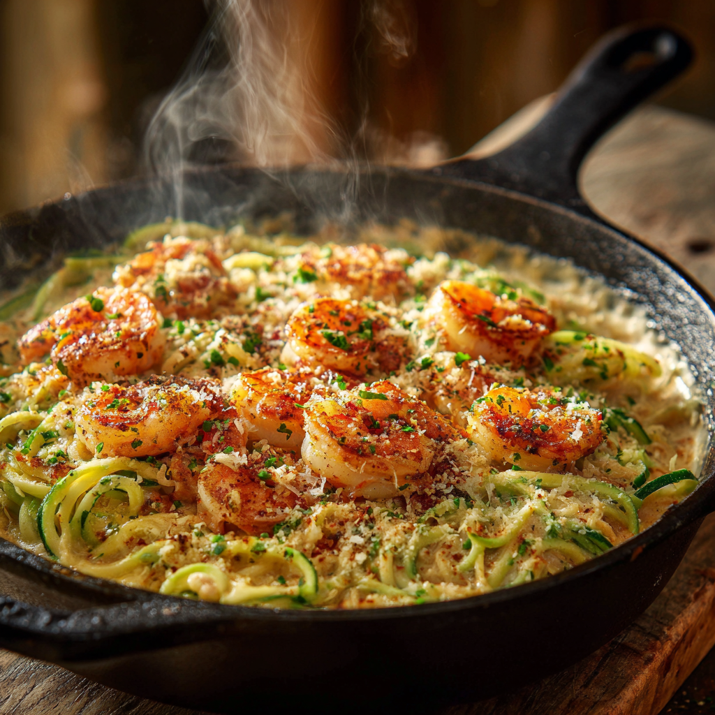 creamy Cajun zoodle Alfredo in skillet