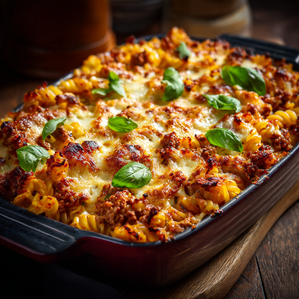 creamy ground beef pasta bake with melted cheese