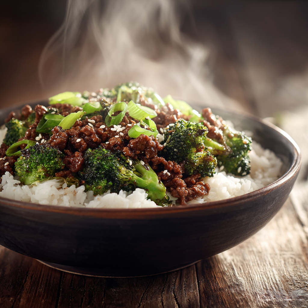 ground beef and broccoli stir fry served over rice