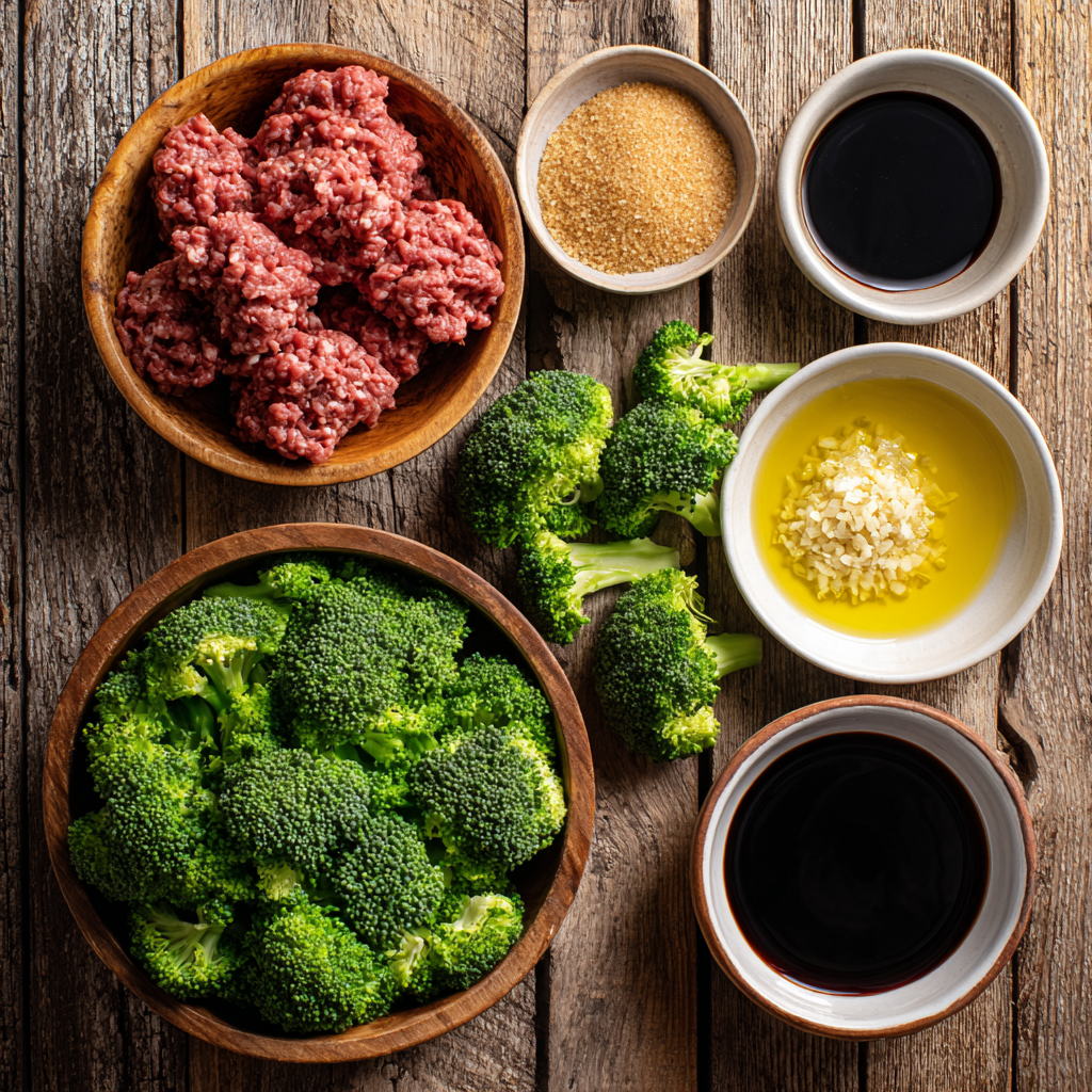 Ground Beef and Broccoli Stir Fry Quick, Flavorful, and Family-Approved 5 ground beef and broccoli stir fry ingredients flat lay