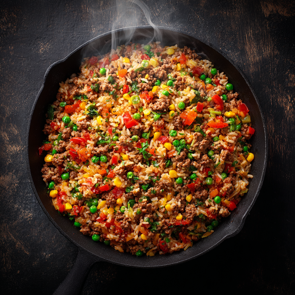 ground beef skillet with rice and vegetables