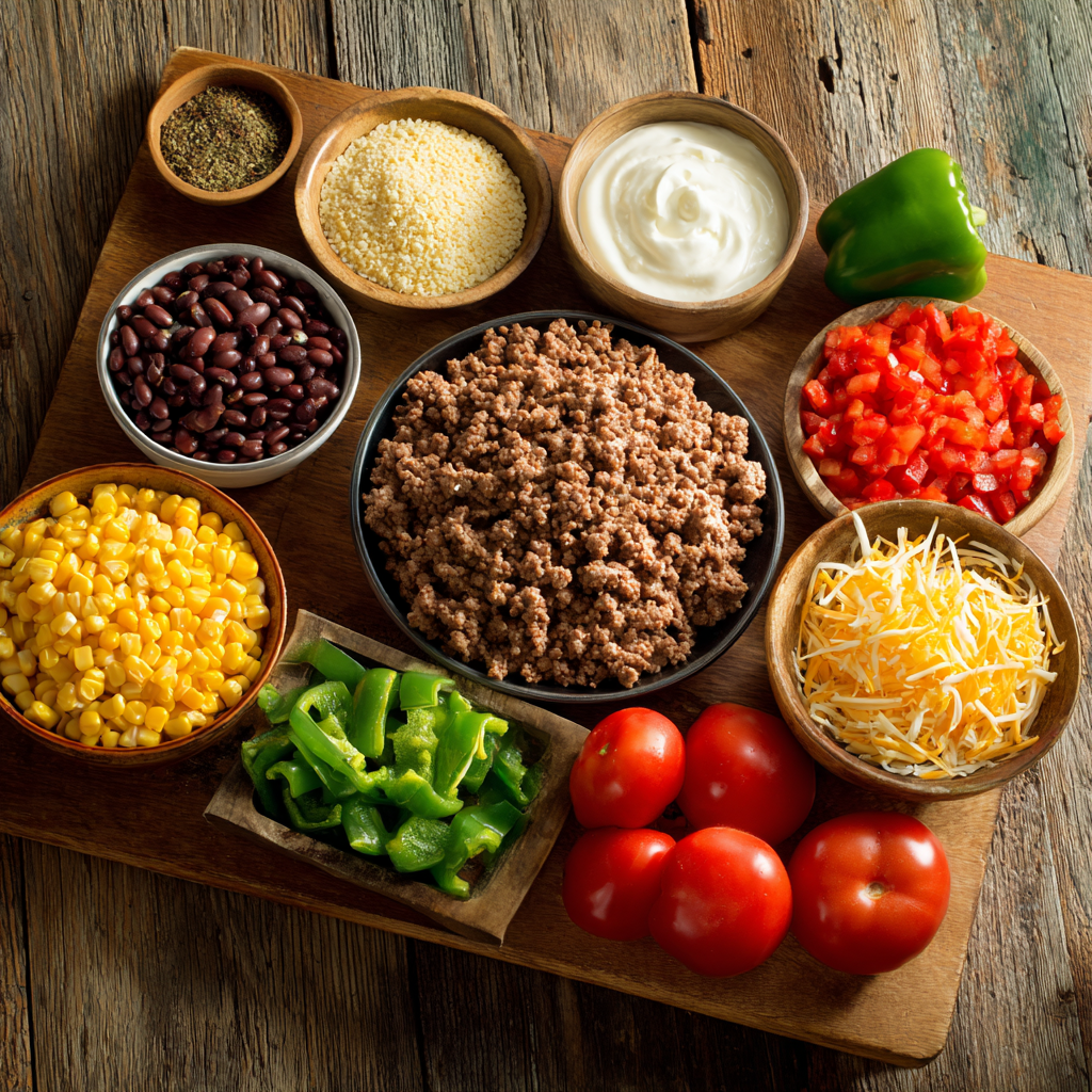 Ground Beef Taco Skillet Quick, Cheesy, and Perfect for Busy Nights 3 ingredients for ground beef taco skillet flat lay