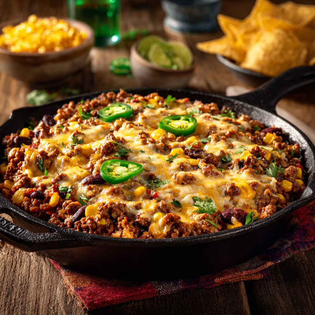 ground beef taco skillet with melted cheese