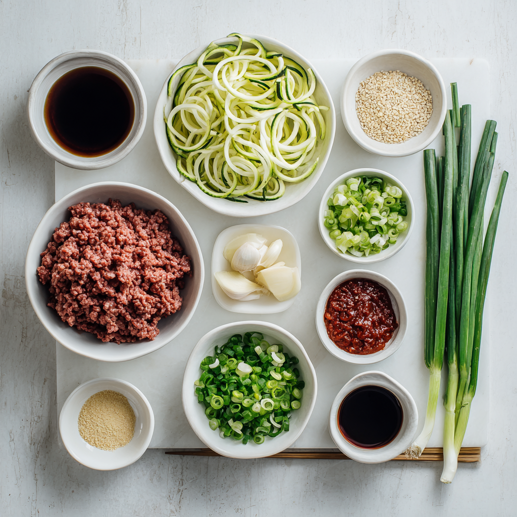 Ingredients for Korean beef zucchini noodles arranged on a white background