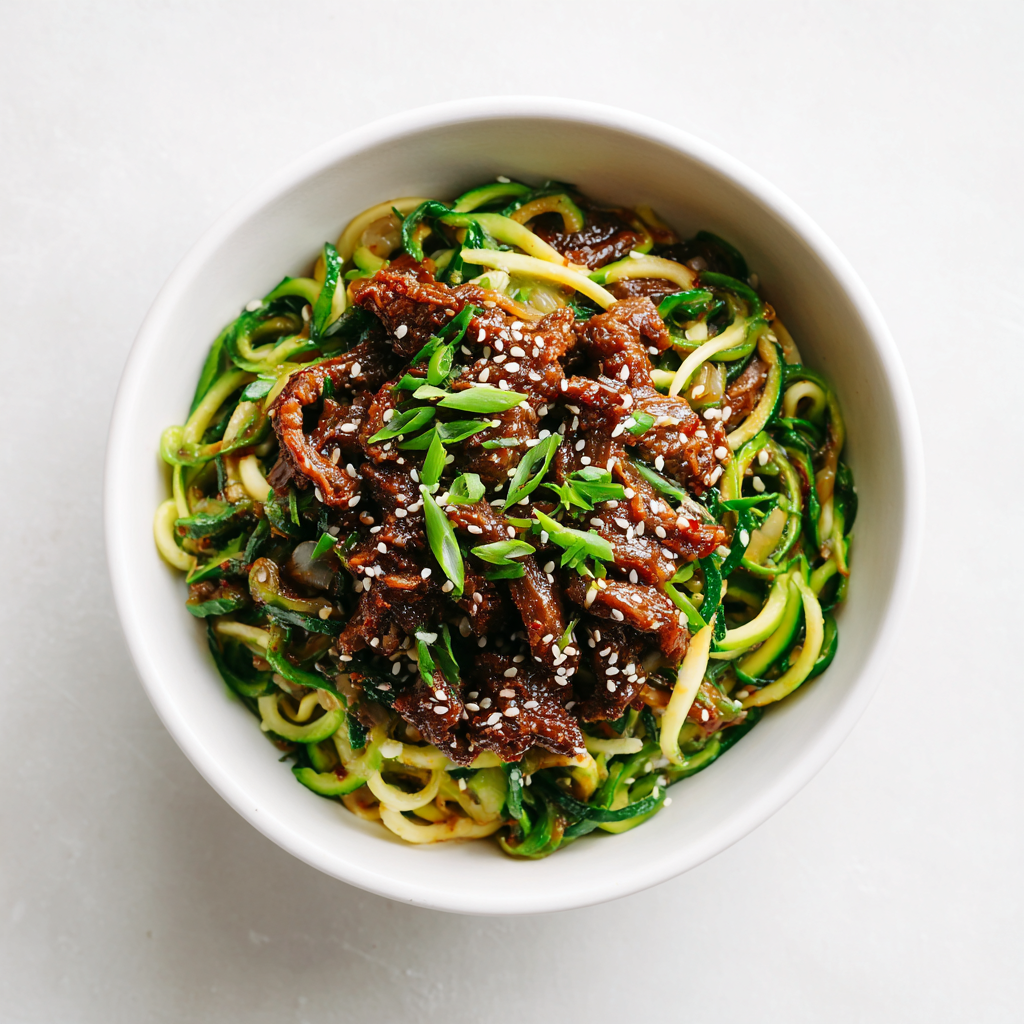 Korean beef zucchini noodles in a bright white bowl with sesame and scallions