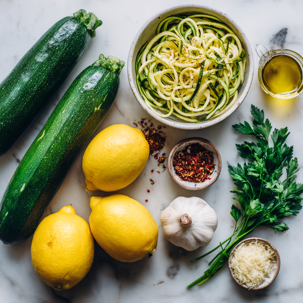 Lemon Garlic Zucchini Noodles: A Fresh, Healthy Dinner That Shines in Every Bite 5 Ingredients for lemon garlic zucchini noodles arranged on a white surface