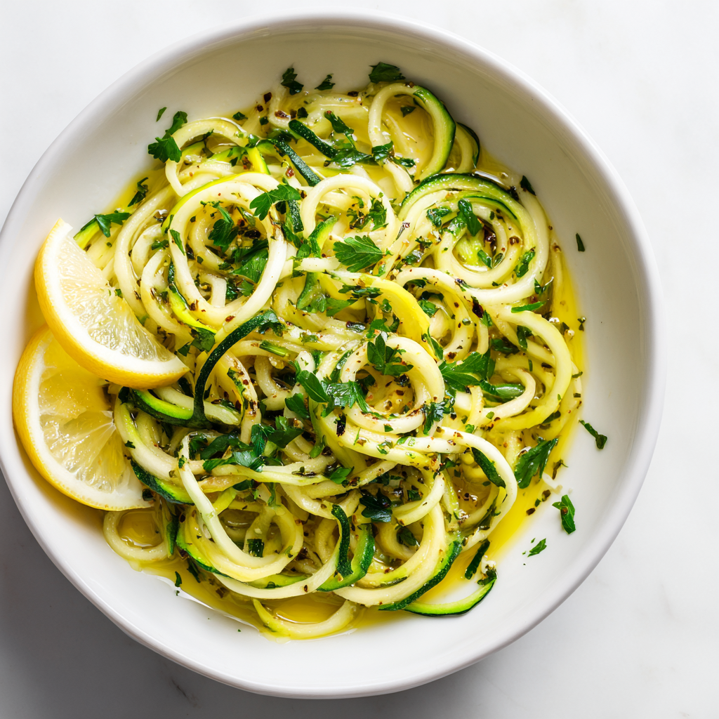 Lemon garlic zucchini noodles in a bright white bowl with lemon slices and parsley