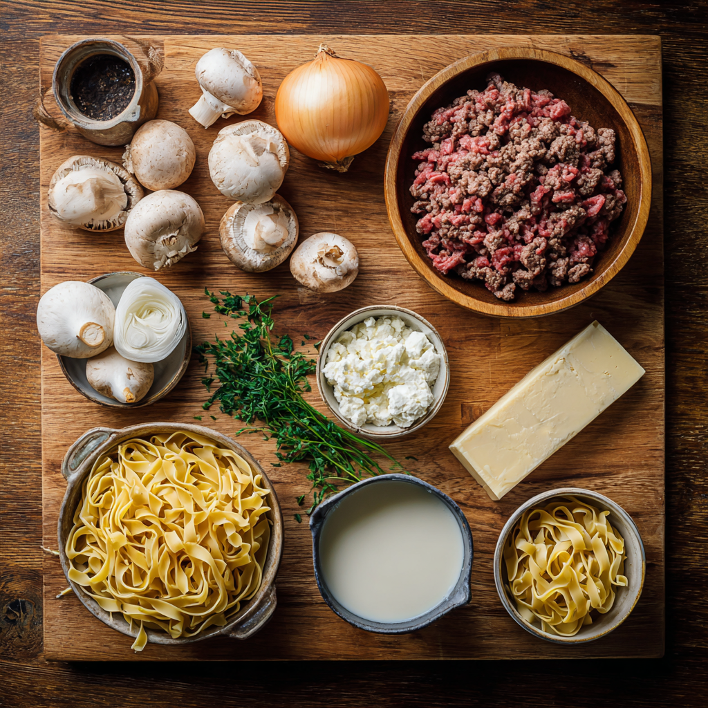 One Pot Creamy Ground Beef Stroganoff Your Weeknight Savior 5 stroganoff ingredients flat lay