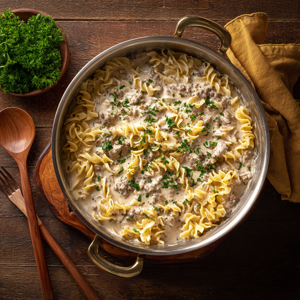 one pot creamy ground beef stroganoff