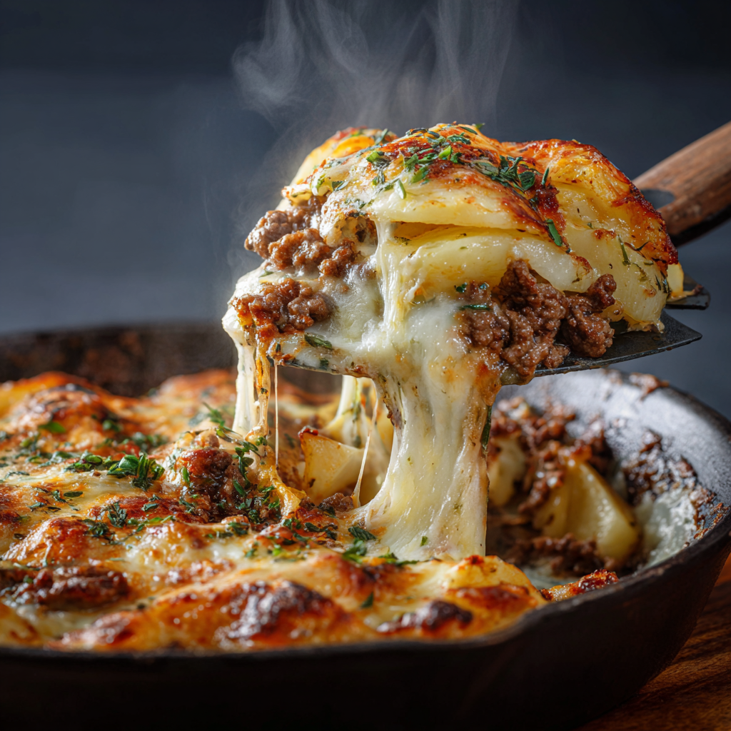 Cheesy Ground Beef and Potato Bake: A Hearty, Comforting Casserole 6 Slice of cheesy ground beef and potato bake being served