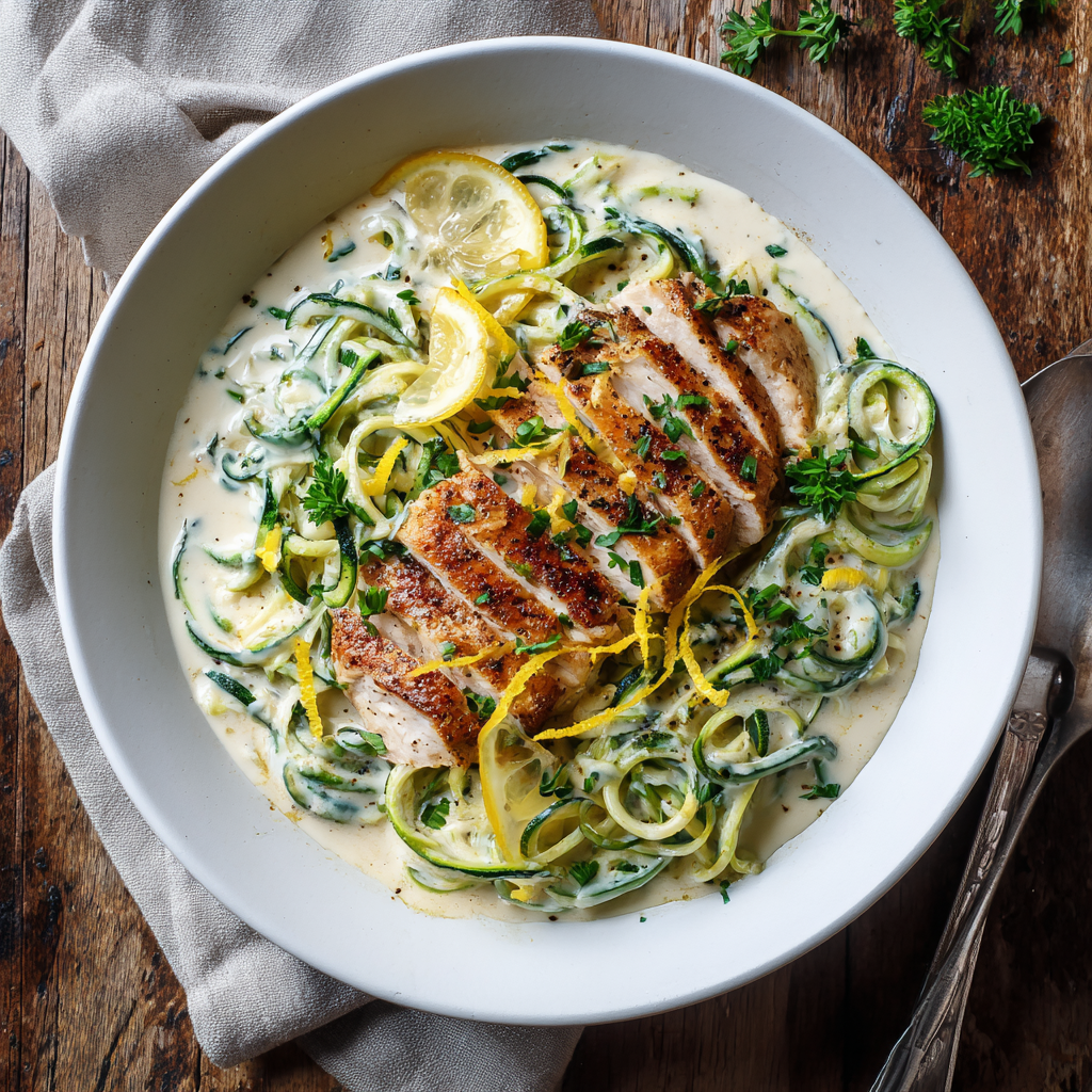 zucchini noodle chicken alfredo in bowl