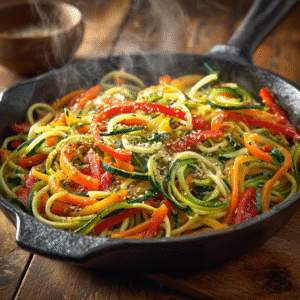 zucchini noodle stir fry in skillet