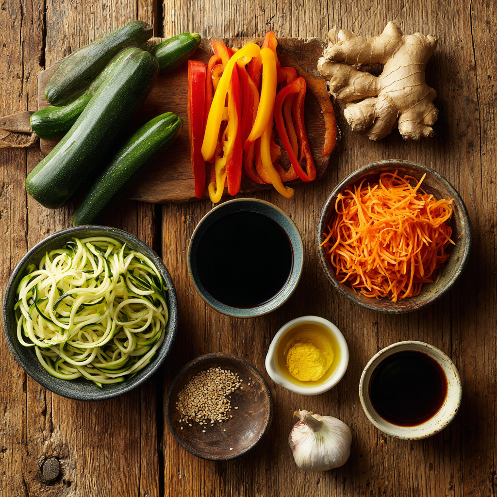 Zucchini Noodle Stir Fry Fresh, Fast & Bursting with Flavor 3 ingredients for zucchini noodle stir fry flat lay
