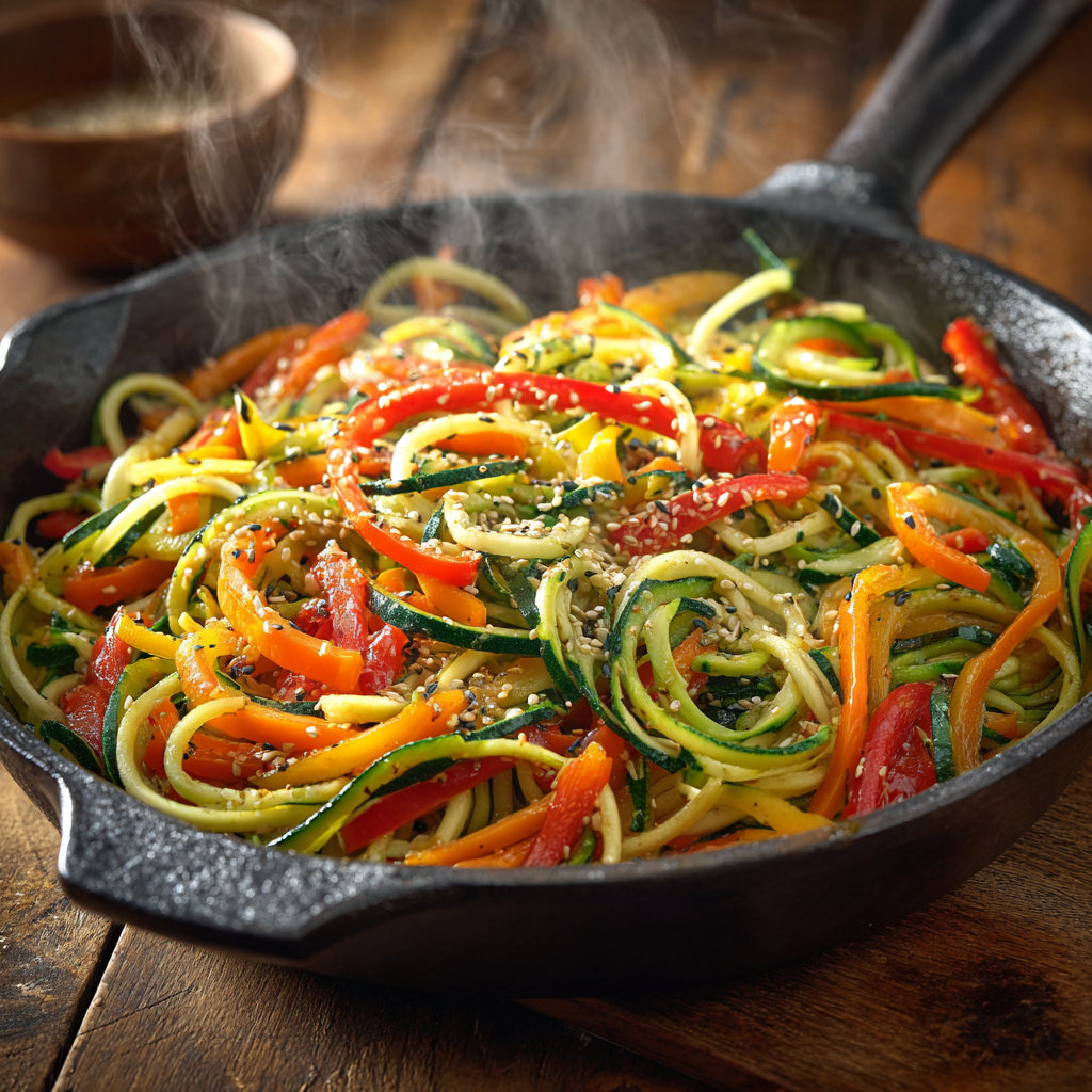 zucchini noodle stir fry in skillet