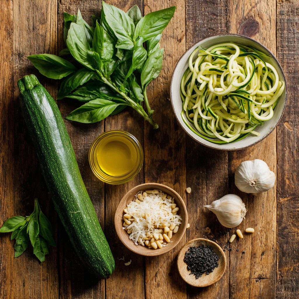 Zucchini Noodles with Pesto Light, Flavorful & Ready in Minutes 4 : ingredients for zucchini noodles with pesto flat lay