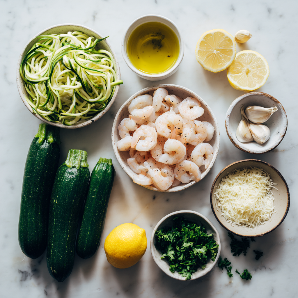 Ingredients for zucchini noodles shrimp arranged on a white background