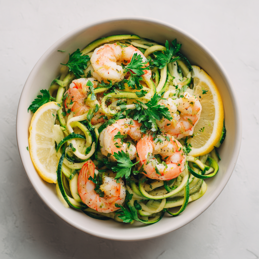 Zucchini noodles shrimp in a bright bowl with lemon and parsley