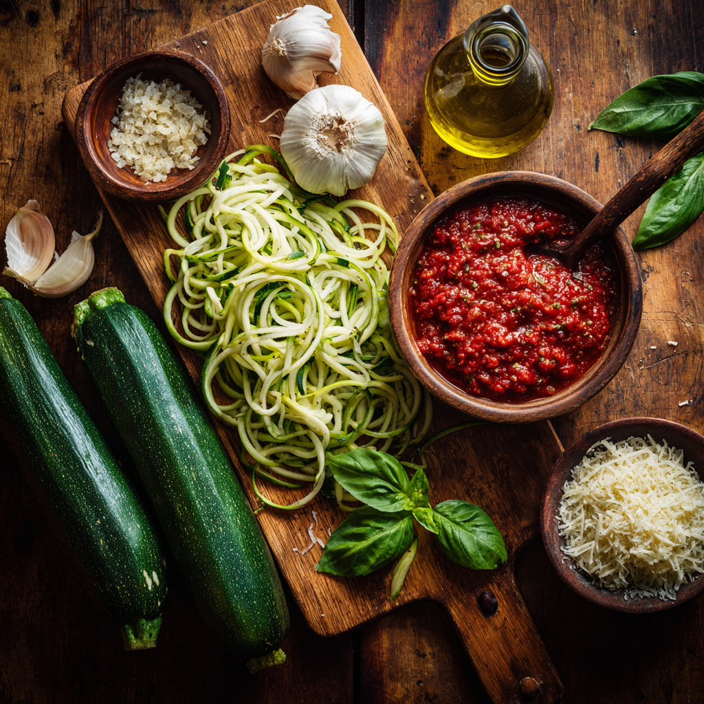 Zucchini Noodles with Tomato Sauce Fresh, Simple & Perfect for Any Night 3 ingredients for zucchini noodles with tomato sauce flat lay