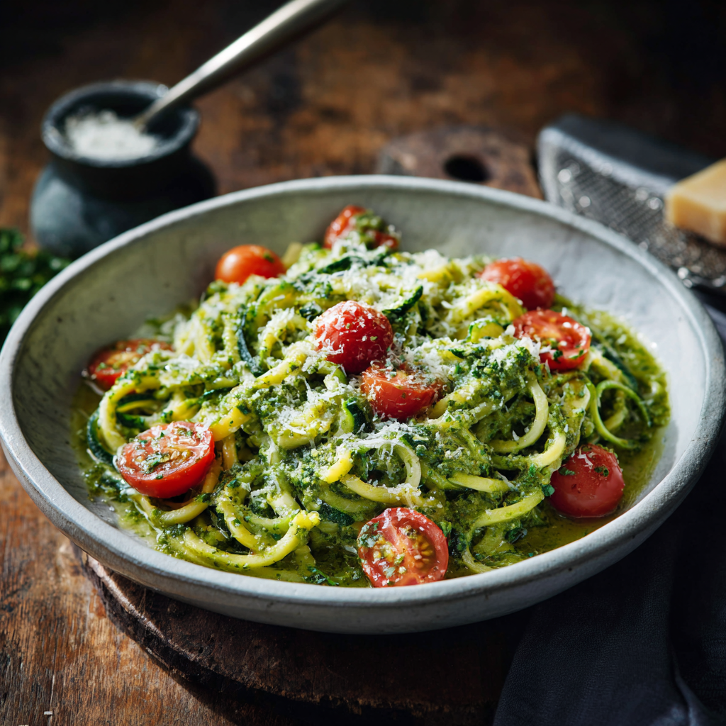 zucchini noodles with pesto served in bowl