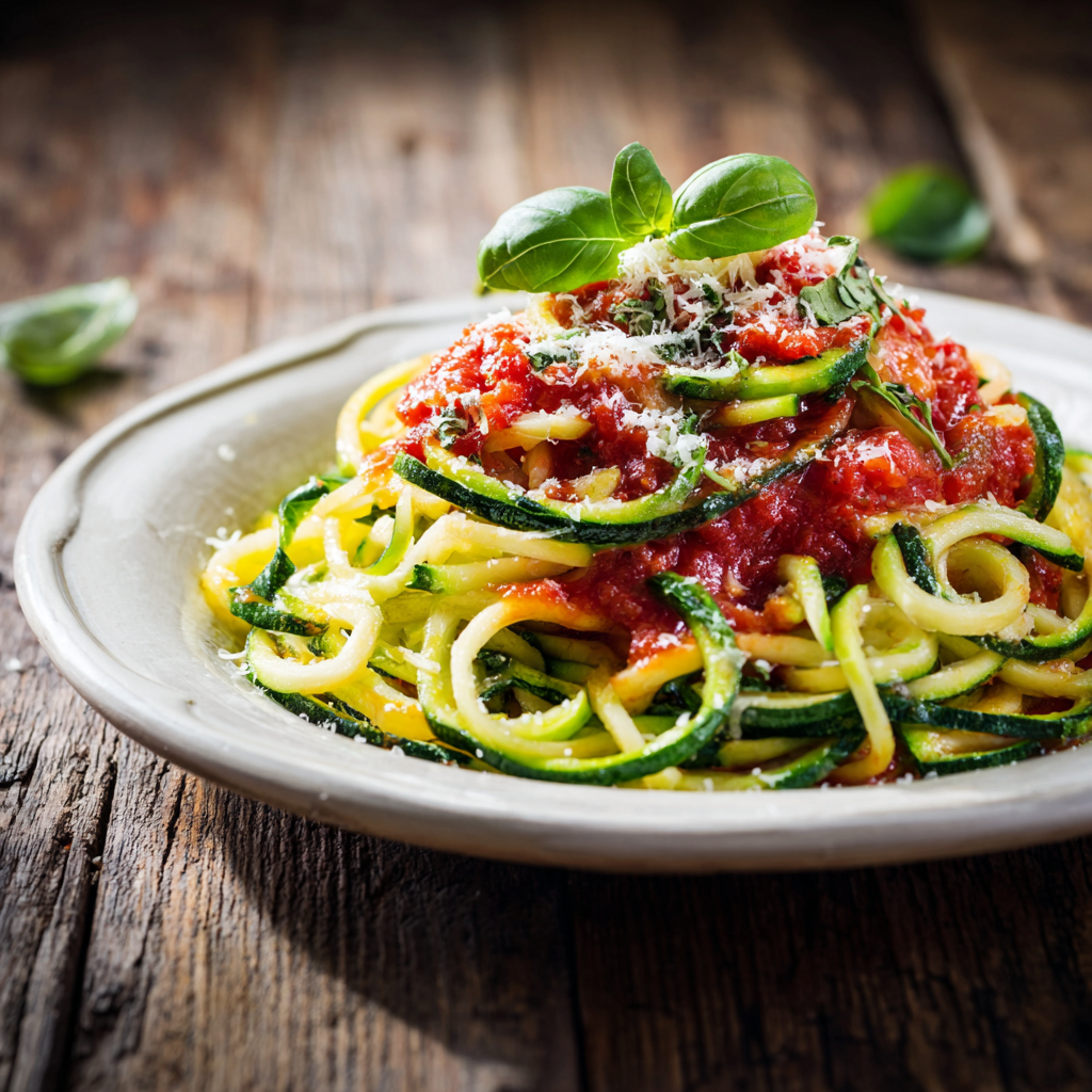zucchini noodles with tomato sauce in bowl