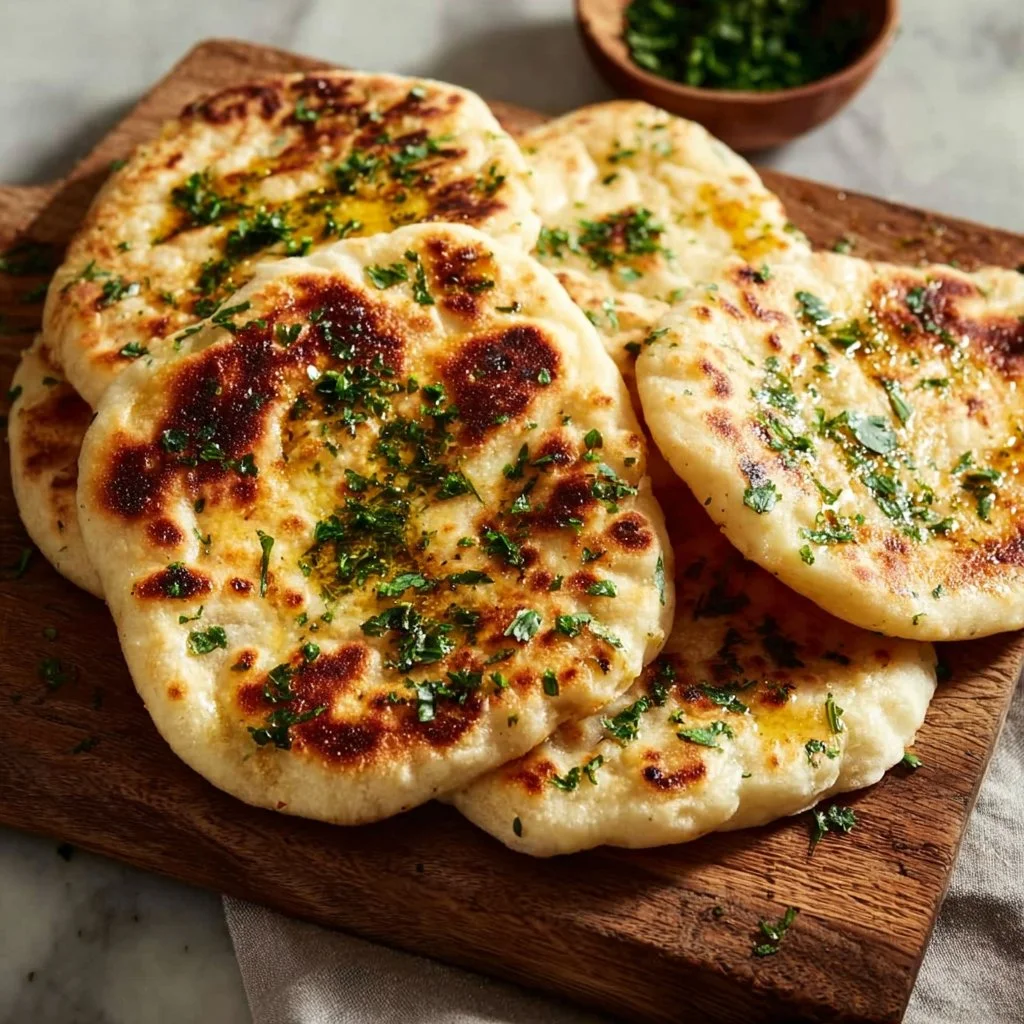 Fluffy cottage cheese flatbread served with fresh herbs and vegetables.