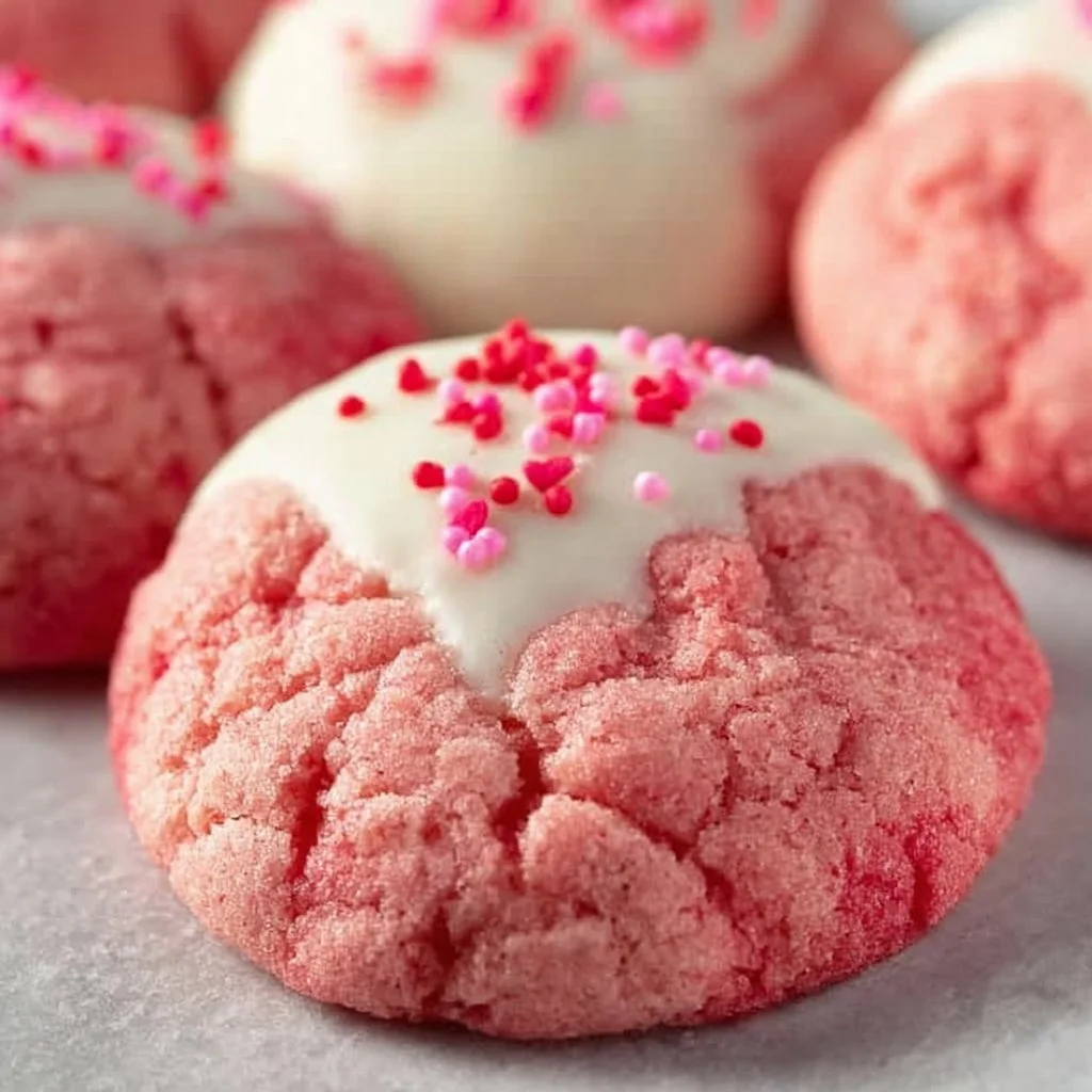 Delicious chocolate dipped strawberry cookies decorated for Valentine's Day.