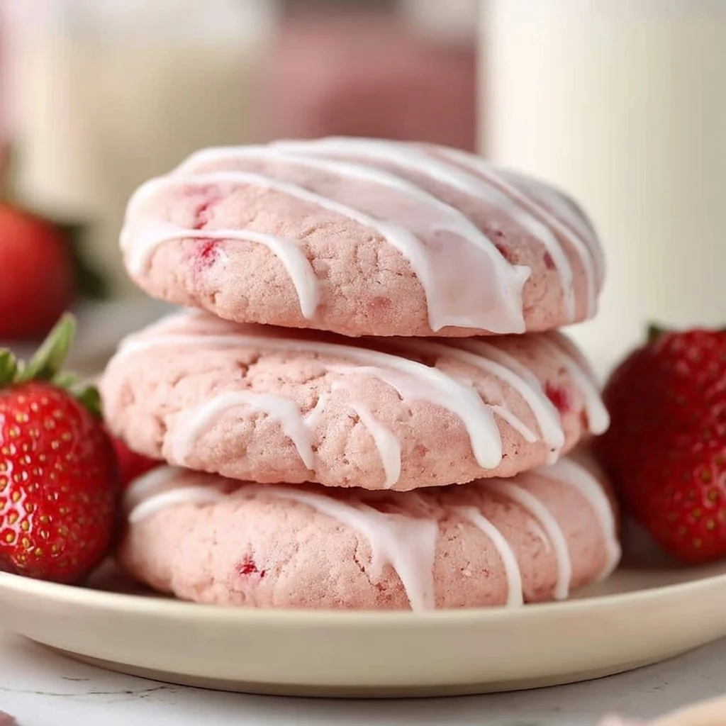 Vegan gluten-free strawberry cookies on a pink plate