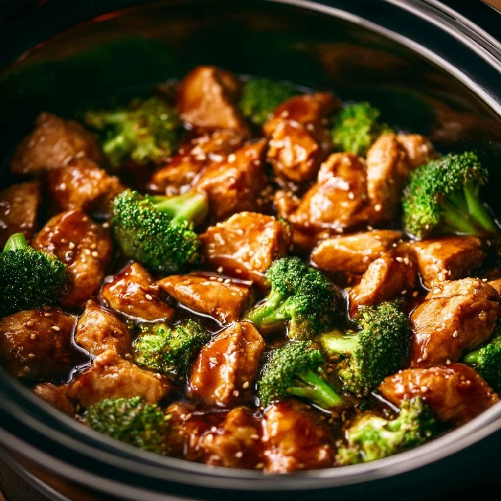 Crockpot teriyaki chicken served with rice and vegetables.