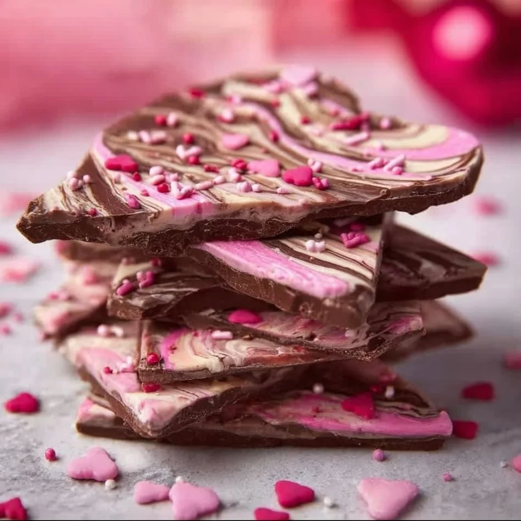 Easy Valentine's Day chocolate bark topped with colorful sprinkles and hearts.