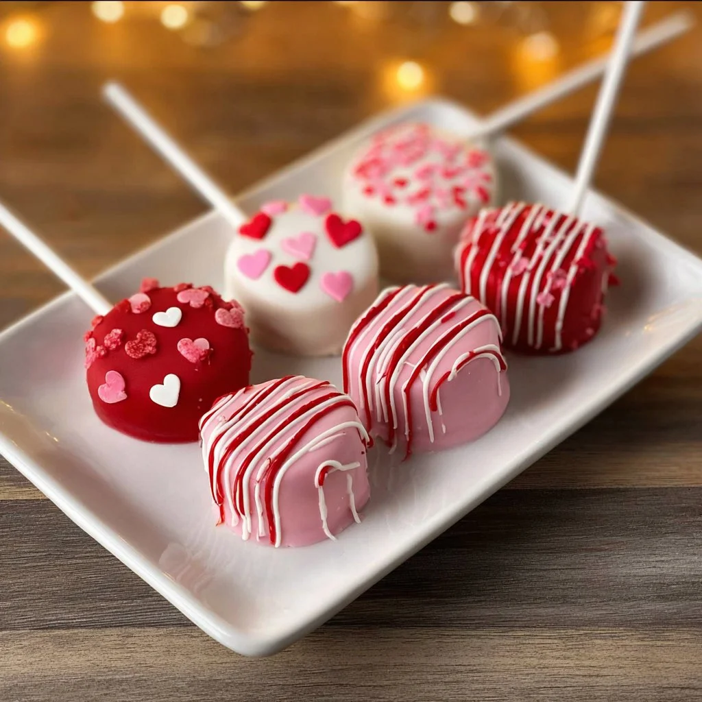 Valentine's Day Oreo Pops decorated with heart sprinkles for a festive dessert.
